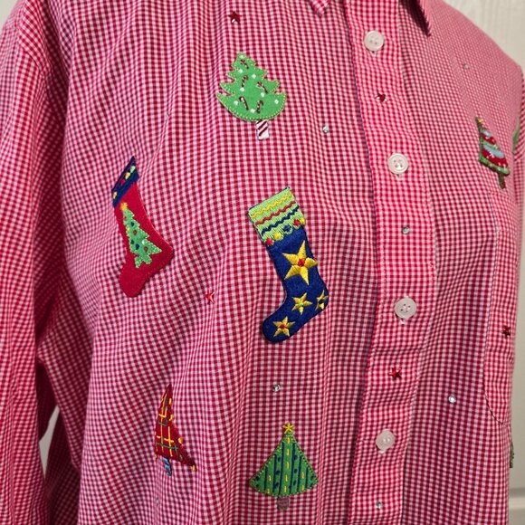 MiLi Designs Women's Red/White Button Up Blouse/Top Embellished Christmas Size M - Picture 6 of 10